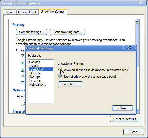 Disabling JavaScript in Google Chrome Google Chrome Options dialog box